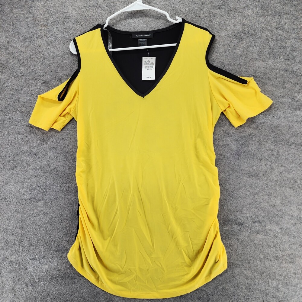 Ashley Stewart Shirt Womens 14/16 Cold Shoulder Yellow V Neck Side Ruched